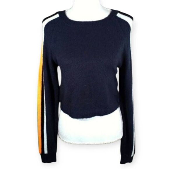FASHION NOVA NAVY W/RAINBOW SLEEVES CROP SWEATER SZ.M EUC. - Picture 1 of 5